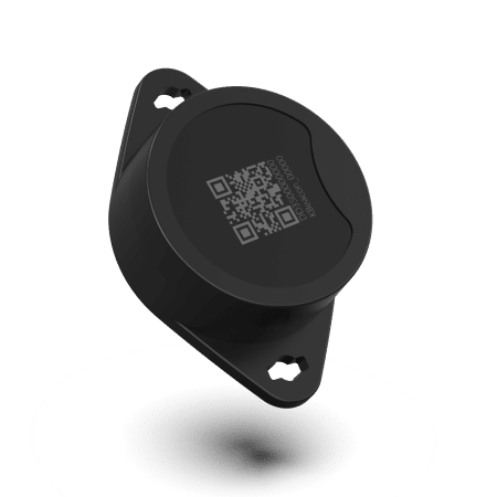 A compact, round black GPS tracking device with a QR code and mounting holes, designed for easy installation and asset tracking.