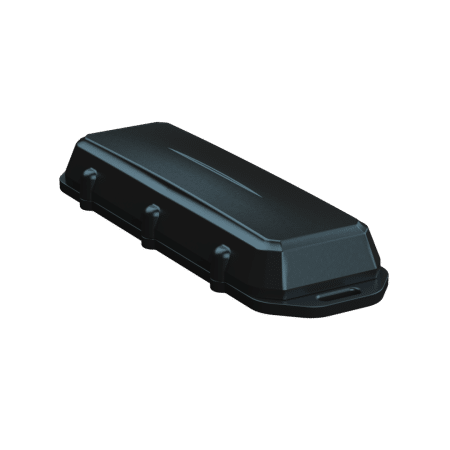 A rugged, rectangular black GPS tracking device with a durable casing and mounting points along its sides, designed for outdoor or industrial asset tracking applications.