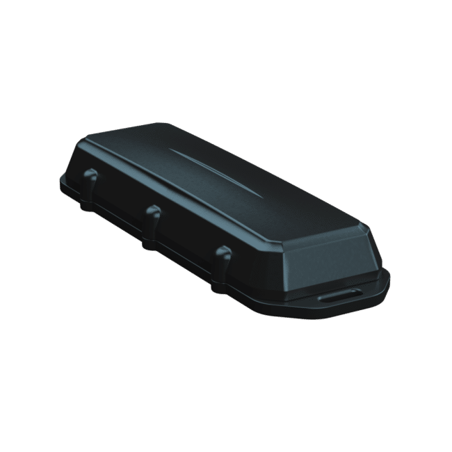A rugged, rectangular black GPS tracking device with a durable casing and mounting points along its sides, designed for outdoor or industrial asset tracking applications.