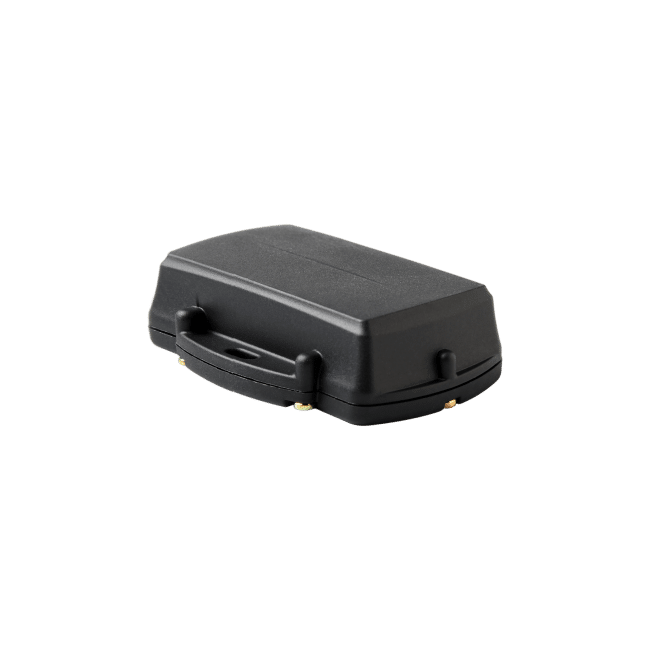 A compact, rugged black GPS tracking device with a durable design, featuring mounting points for secure asset tracking in various environments.